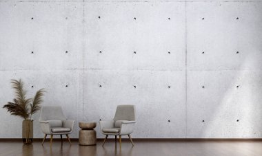 Ev ve oturma ve oturma odası iç tasarım ve beton duvar desenli arka plan