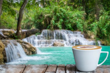 Şelalenin yanındaki ahşap masada beyaz bir fincan kahve.