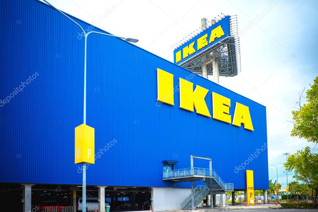 Smut Prakan ,Thailand - August 01,2019 :IKEA furniture company logo on building exterior,KEA is the world's largest furniture retailer and sells ready to assemble furniture.