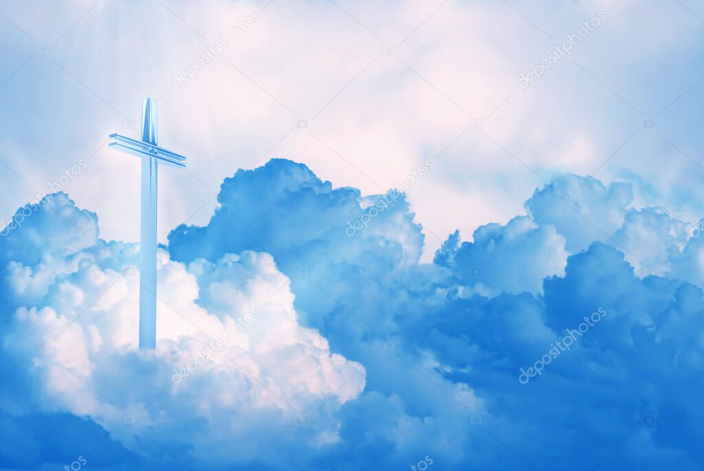 Abstract of Christ cross shining on puffy clouds