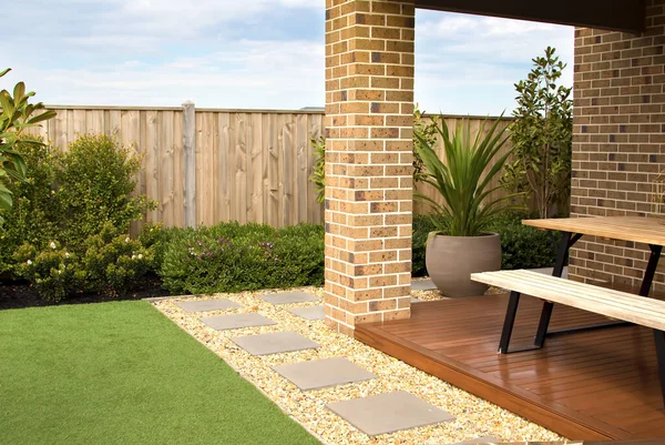 Combinations Artificial Grass Paving Tiles Decking Plants Pebble — Stock Photo, Image