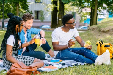Okul bahçesinin yeşil çimlerinde piknik keyfi mutlu öğrenciler grubu, meyve liiçecekler içme ve çizburger yemek . Boş zamanlarında fikir paylaşan çok ırklı arkadaşlar açık havada.