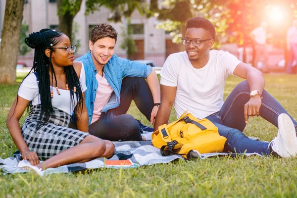 Feliz grupo de estudiantes universitarios multiétnicos amigos de diferentes países y razas sentados en el césped hablando juntos durante el descanso en el soleado día de verano en el campus al aire libre. Efecto de deslumbramiento solar . — Foto de Stock