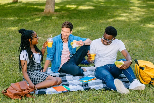 Grupo de estudiantes felices disfrutando de picnic en el césped verde del patio de la escuela, beber bebidas de frutas y comer hamburguesa con queso. Amigos multiétnicos compartiendo ideas durante el tiempo libre al aire libre . — Foto de Stock