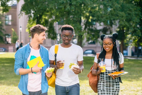 Grupo de três estudantes multiétnicos positivos pessoas colegas de trabalho falando, compartilhando ideias durante a pausa para o almoço em pé campus universitário ao ar livre com livros e mochilas. Conceito de ensino universitário . — Fotografia de Stock