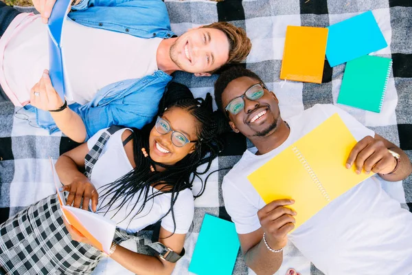 Vue du dessus du groupe trois étudiants blancs et afro-américains couchés avec un cahier et regardant ailleurs. Équipe multiethnique se préparant aux examens dans un parc universitaire en plein air . — Photo