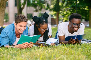 Karışık ırk rahat arkadaşlar yaz parkında ekose battaniye üzerinde yatan eğlenmek ve güneşli bir günde hapiness ve sevinç hissi.