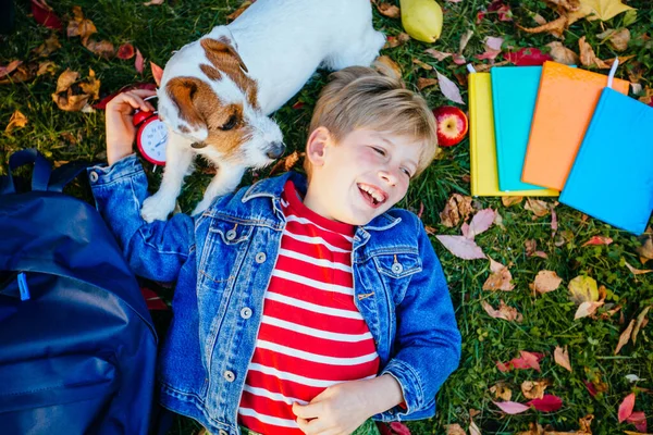 Bovenaanzicht van kleine schooljongen leerling liggend op het gras met kleurrijke boeken, appel, rugzak. — Stockfoto