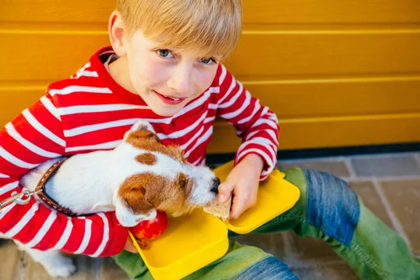 Jongen voeden trakteert op zijn kleine puppy hond beste vriend — Stockfoto