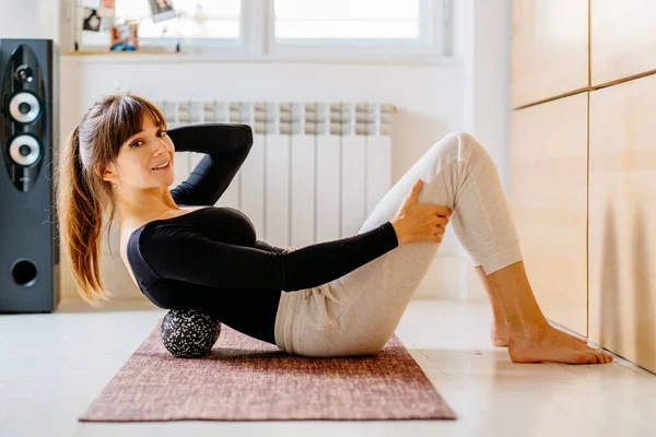 Positive Sportive Woman Sportswear Using Ball Myofascial Release Exercise Spine — Stock Photo, Image