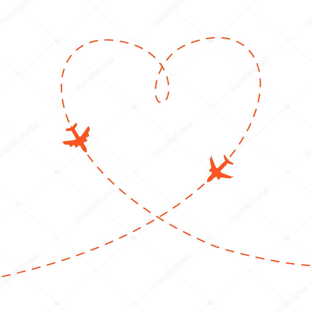 Planes fly in the sky with heart trace. Love background