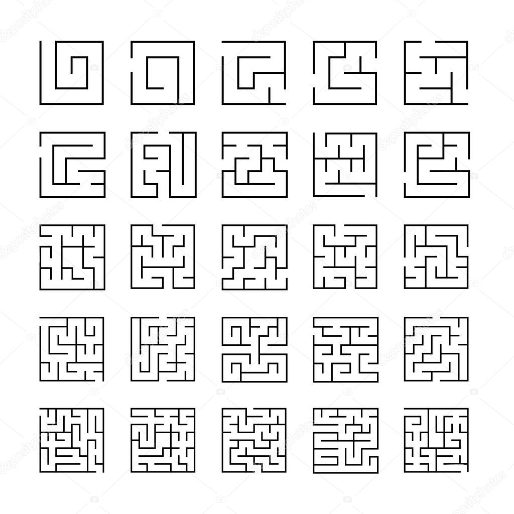 Set of outlined maze icons with different difficulty