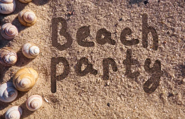 Beach party text hand drawn on a sand