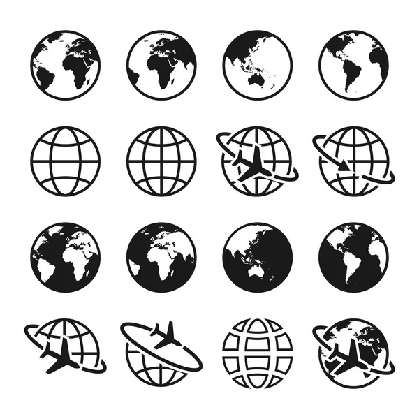 Ensemble Icônes Planète Terre Signe Globe Symbole Mondial Transport Aérien — Image vectorielle