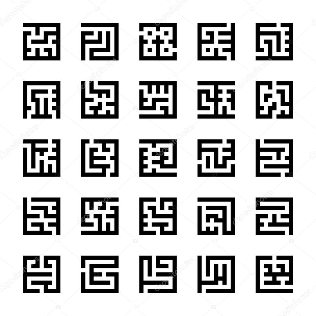 Set of square labyrinth maze icons for design