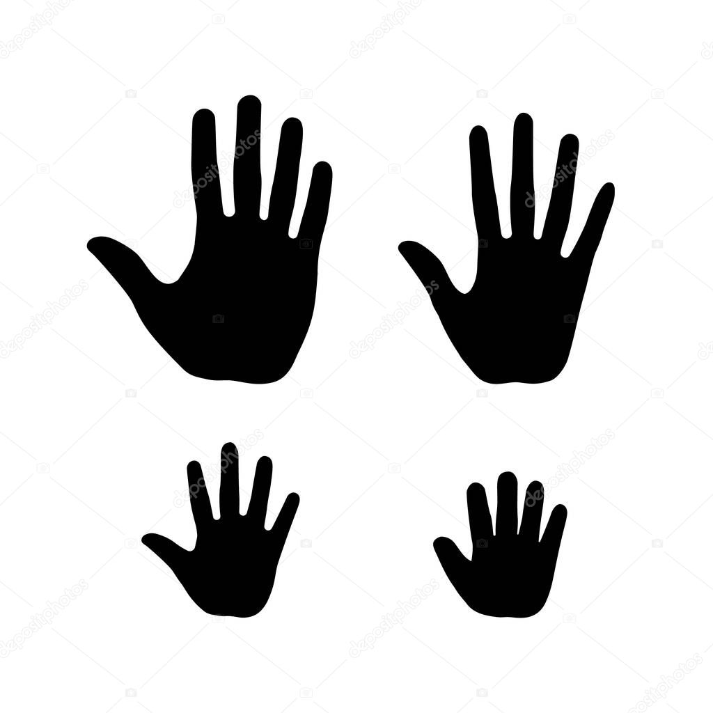 Set of human open palm hands. Man, woman, teenager and a baby handbreadth icons