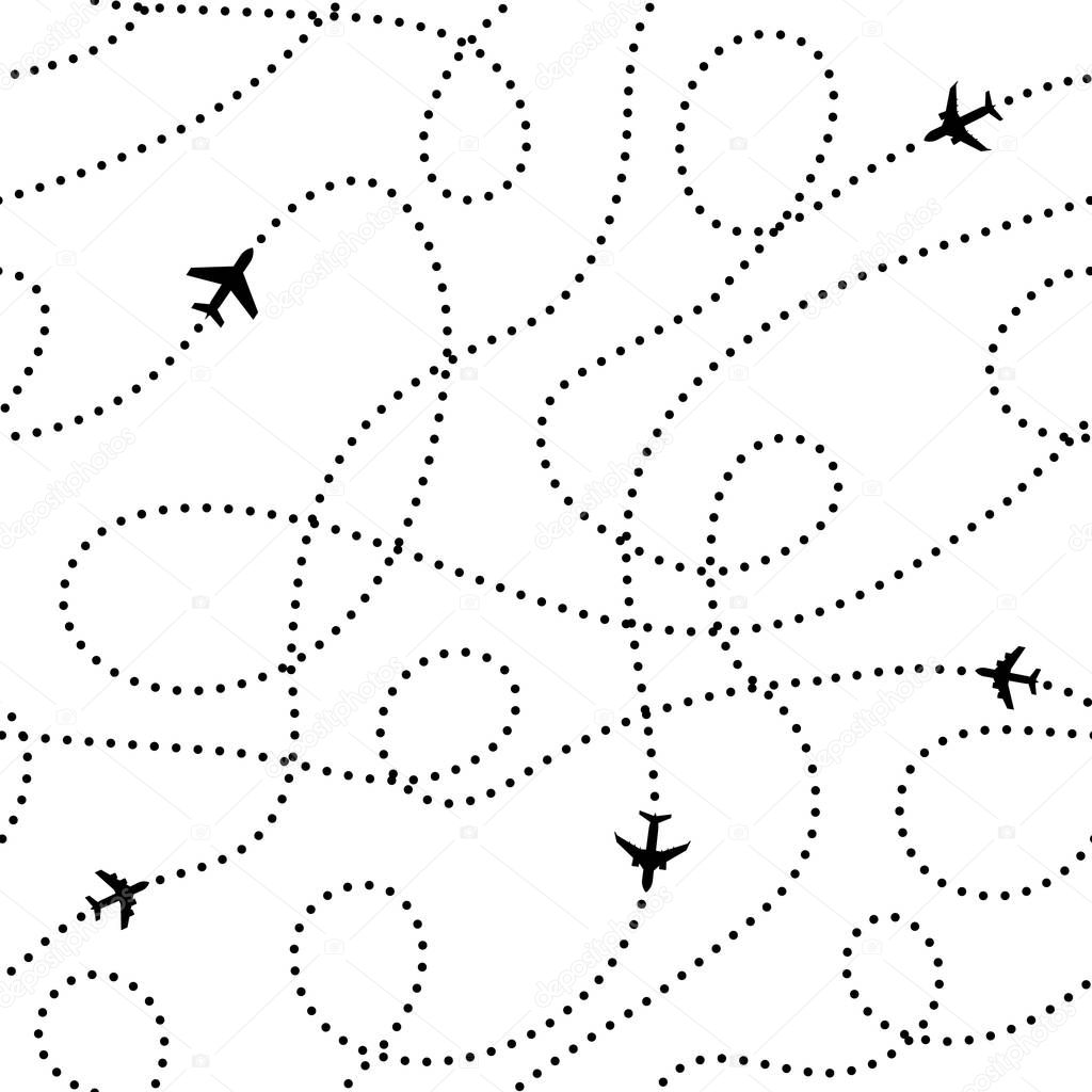 Plane traces. Seamless aerial pattern. Flight paths and airplanes