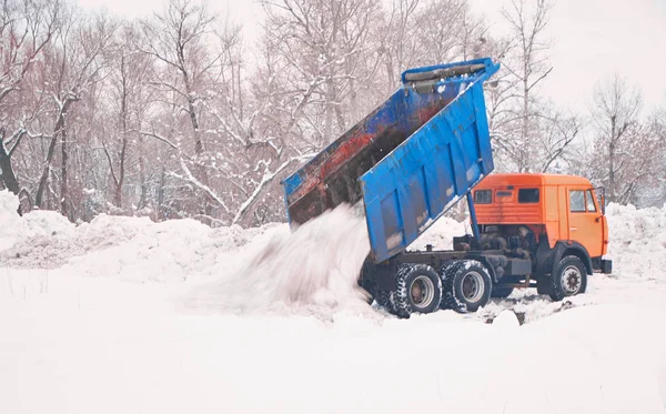 Camión Carga Transportando Montones Nieve Equipo Limpieza Invierno — Foto de Stock