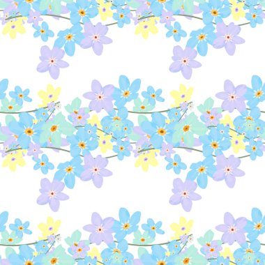 Vektör çiçek seamless modeli. Küçük şirin renkli çiçekler Illustration. Işık arka plan üzerinde mavi, pembe, mor, yeşil ve sarı, çiçeği