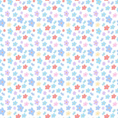 Vektör çiçek seamless modeli. Küçük şirin renkli çiçekler Illustration. Mavi, pembe, mor ve sarı, kırmızı çiçeği ışık arka plan üzerinde