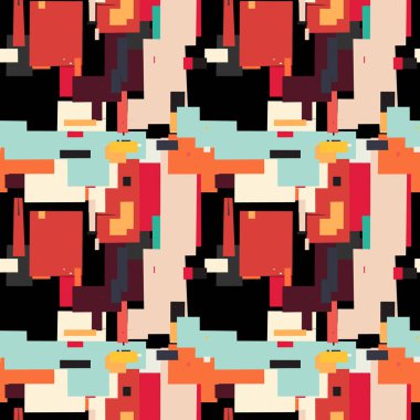 Kesintisiz geometrik desen. Arka plan dağınık dikdörtgen elemanları ile. Siyah zemin üzerinde renkli kareler