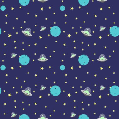 Soyut cosmos desen karikatür. Ufo ile sorunsuz illüstrasyon vektör yıldız ve gezegen öğeleri