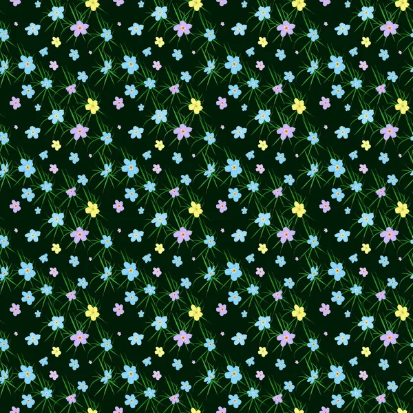 Vector Sömlös Blommönster Illustration Små Söta Färgade Blommor Blå Rosa — Stock vektor