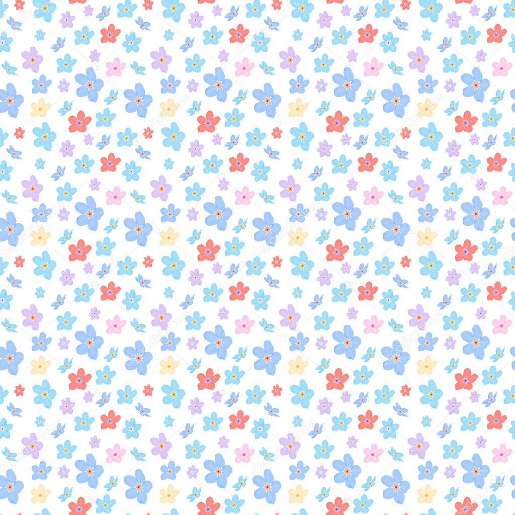 Vector floral seamless pattern. Illustration of little cute colored flowers. Blue, pink, violet, and yellow, red florets on the light background
