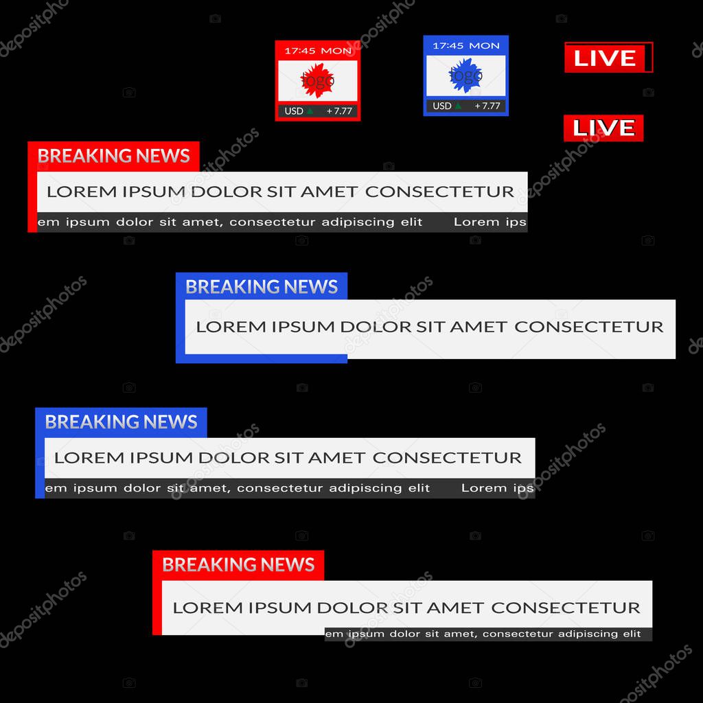Set of red and blue lower third banners. Breaking news, live, date, currency bar screen broadcast. Vector flat illustration isolated on black background