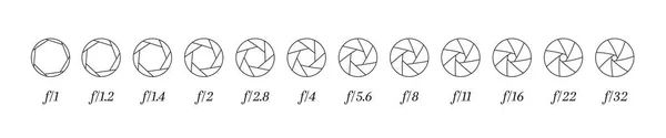 Cámara Lente Diafragma Alineado Iconos Fila Con Números Valor Apertura — Archivo Imágenes Vectoriales