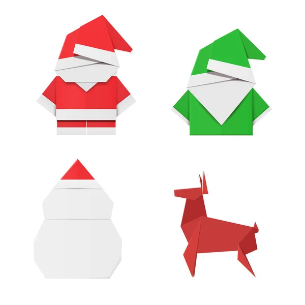 Conjunto Personajes Navidad Origami Papá Noel Elfo Muñeco Nieve Ciervo — Vector de stock