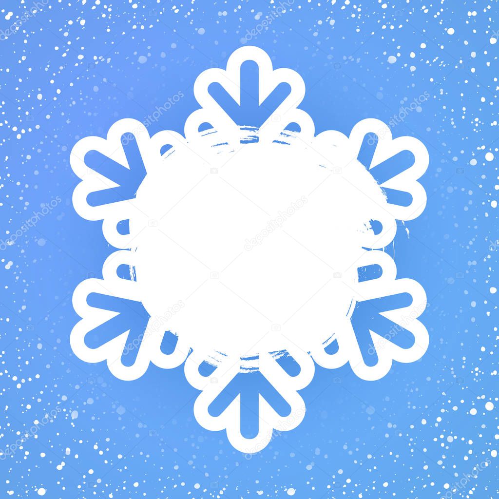 Festive winter card template with snowfall of snowflakes, copyspace and blue background