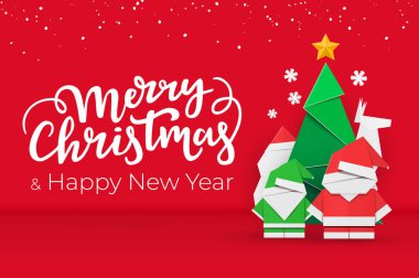 El yapımı kağıt Xmas elemanları kar kırmızı şenlikli zemin üzerine ile Noel ve yılbaşı Kartpostalı