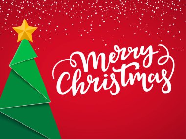 Festival tipografik Noel kartpostalı. Yeni ile ağaç, altın yıldız, yazı ve kar kırmızı kış arka plan üzerinde yakın tasarım Noel kartı