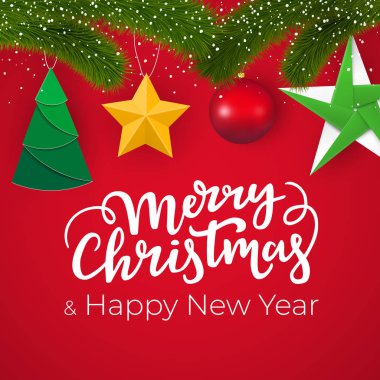 Kırmızı bir arka plan, ökse otu şube ve Xmas dekoratif elemanları ile Noel ve yılbaşı kartpostal tasarım
