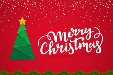 Neşeli Noel tipografik şenlikli kart tasarımı ile sezon dilek. Yeni yıl ağacı, türü, iğne yapraklı sınır ve kar kırmızı bir arka plan üzerinde yazı ile Noel kartpostalı