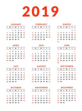 Işaretli kırmızı hafta sonları ile 2019 takvim. Hafta Pazar günü başlar,