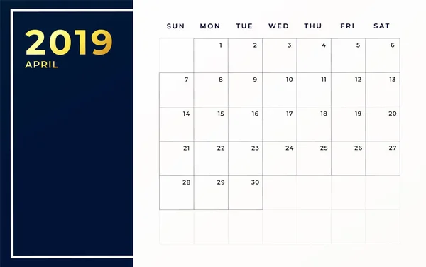 Planungsvorlage April 2019 Woche Beginnt Sonntag Leeren Kalendermonat — Stockvektor