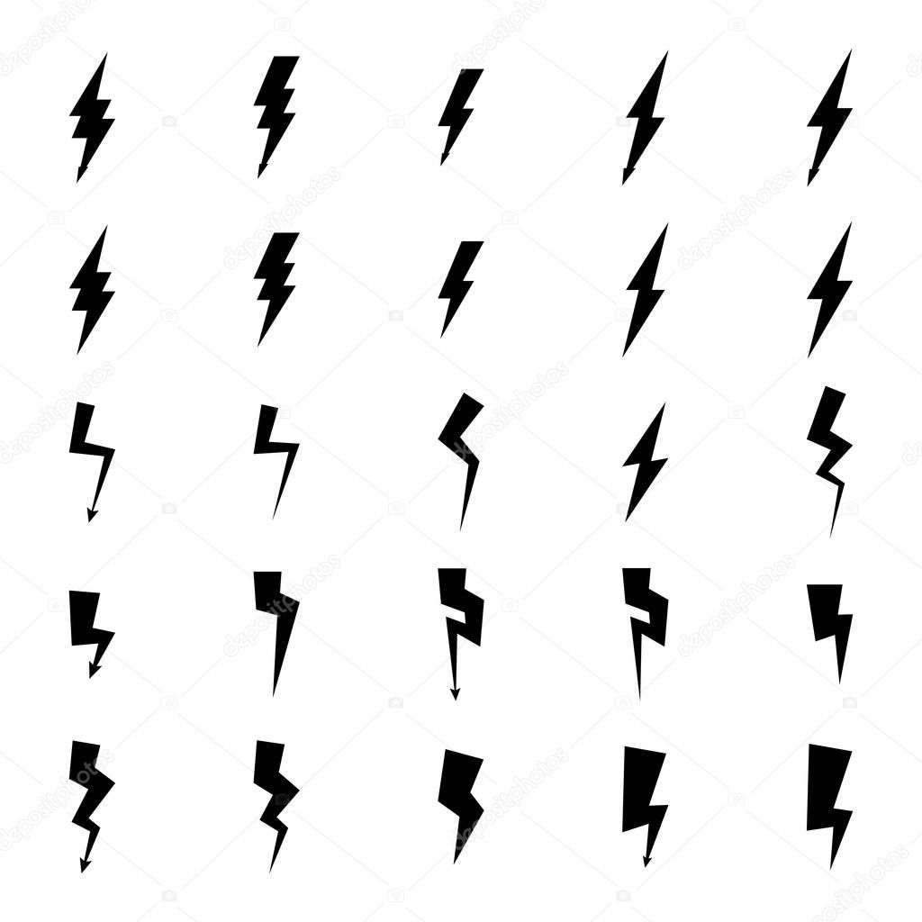 Simple black thunderbolt and lighting isolated icons