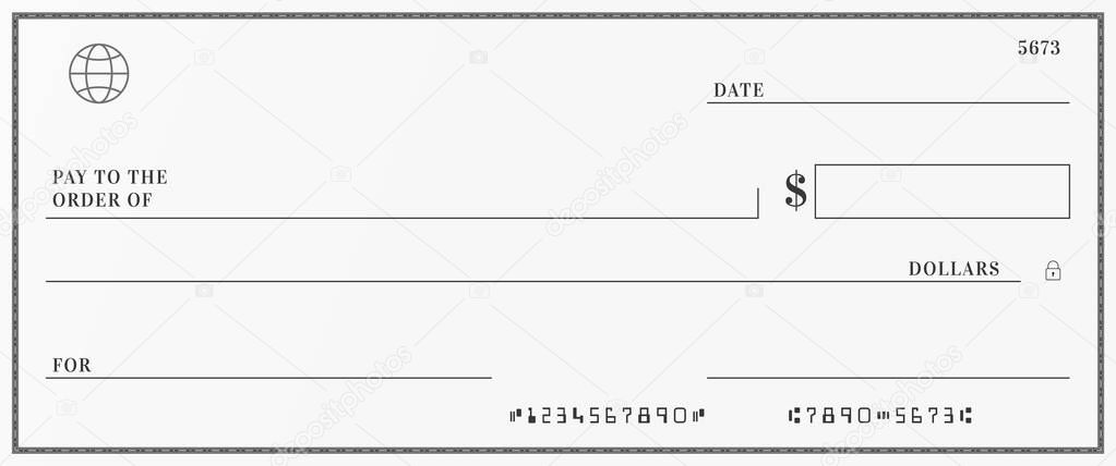 Blank template of the bank check. Checkbook cheque page with empty fields to fill.