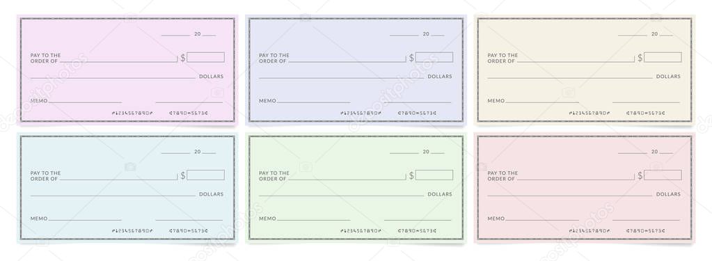 Bank cheques templates. Blank personal desk checks.