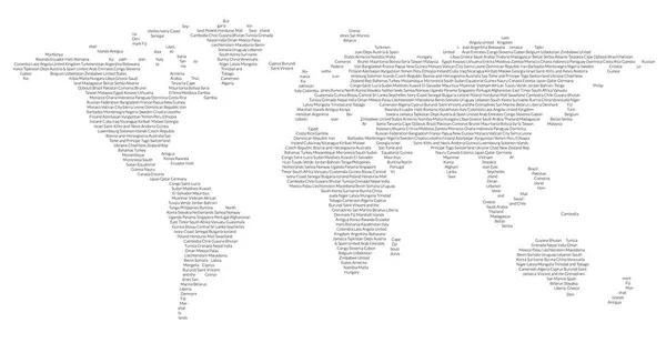 Mapa del mundo hecho de nombres de países. Worlmap con patrón de texto para artículos de viaje e impresiones . — Vector de stock