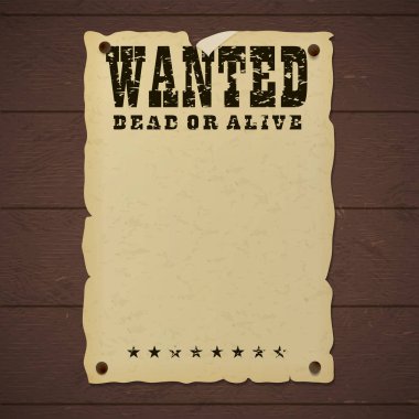 Vintage wanted dead or alive poster nailed to a wooden wall. clipart