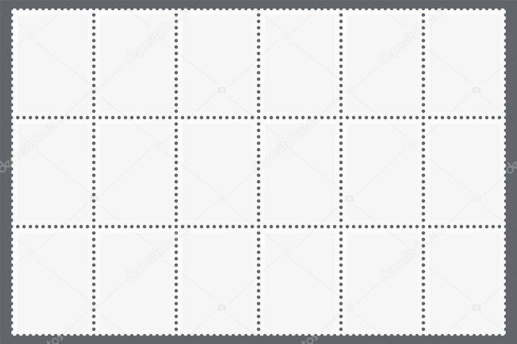 Perforated sheet of postage stamps . Blank marks template for postcards.