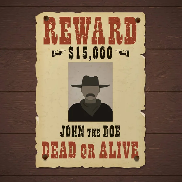 Reward poster. Wanted dead or alive banner with man silhouette in a hat and with mustache.