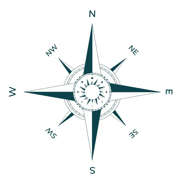 Brújula de navegación con rosa de vientos, reloj de sol y calendario lunar . — Vector de stock