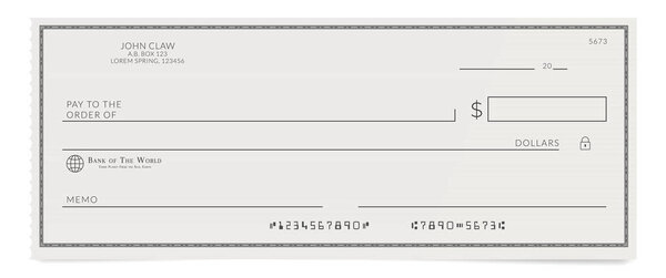 Torn off blank bank cheque. Personal desk check template with empty field to fill.