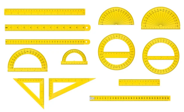 제국 및 미터법 단위 모두에서 플라스틱 측정 통치자, 각도기 및 삼각형의 학교 세트 — 스톡 벡터