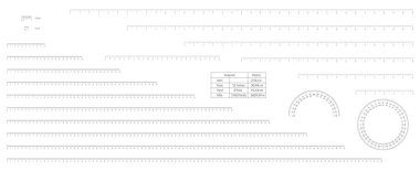 Cetvel ve protractor için ölçek çubuklarını ölçen imparatorluk ve metrik birimler kümesi