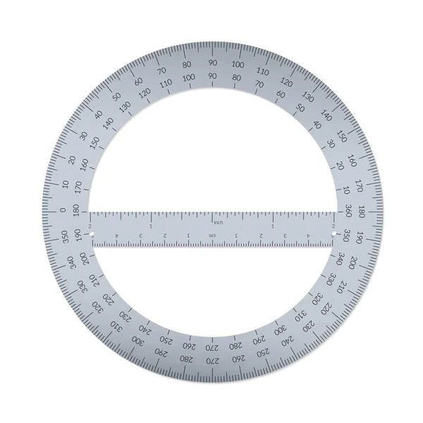 Steel circular protractor with a ruler in metric and imperial units — Stock Vector